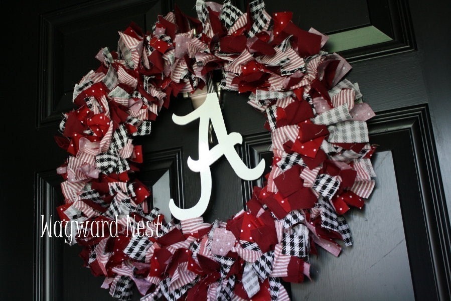 Alabama Rag Wreath with Metal Script A Logo