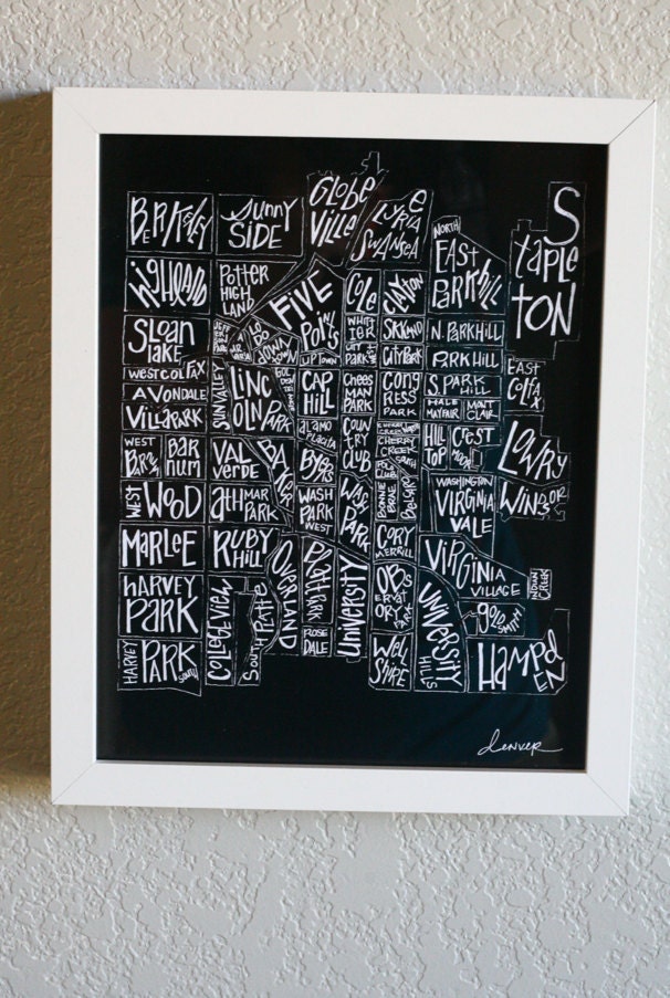 denver neighborhood map hand drawn in black art print poster wall decor