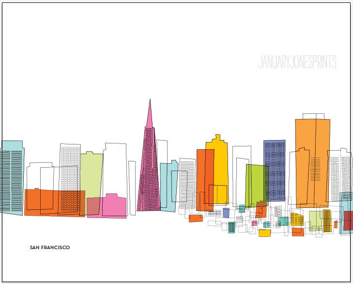 SAN FRANCISCO, CALIFORNIA skyline in sketch with colors art print poster wall decor