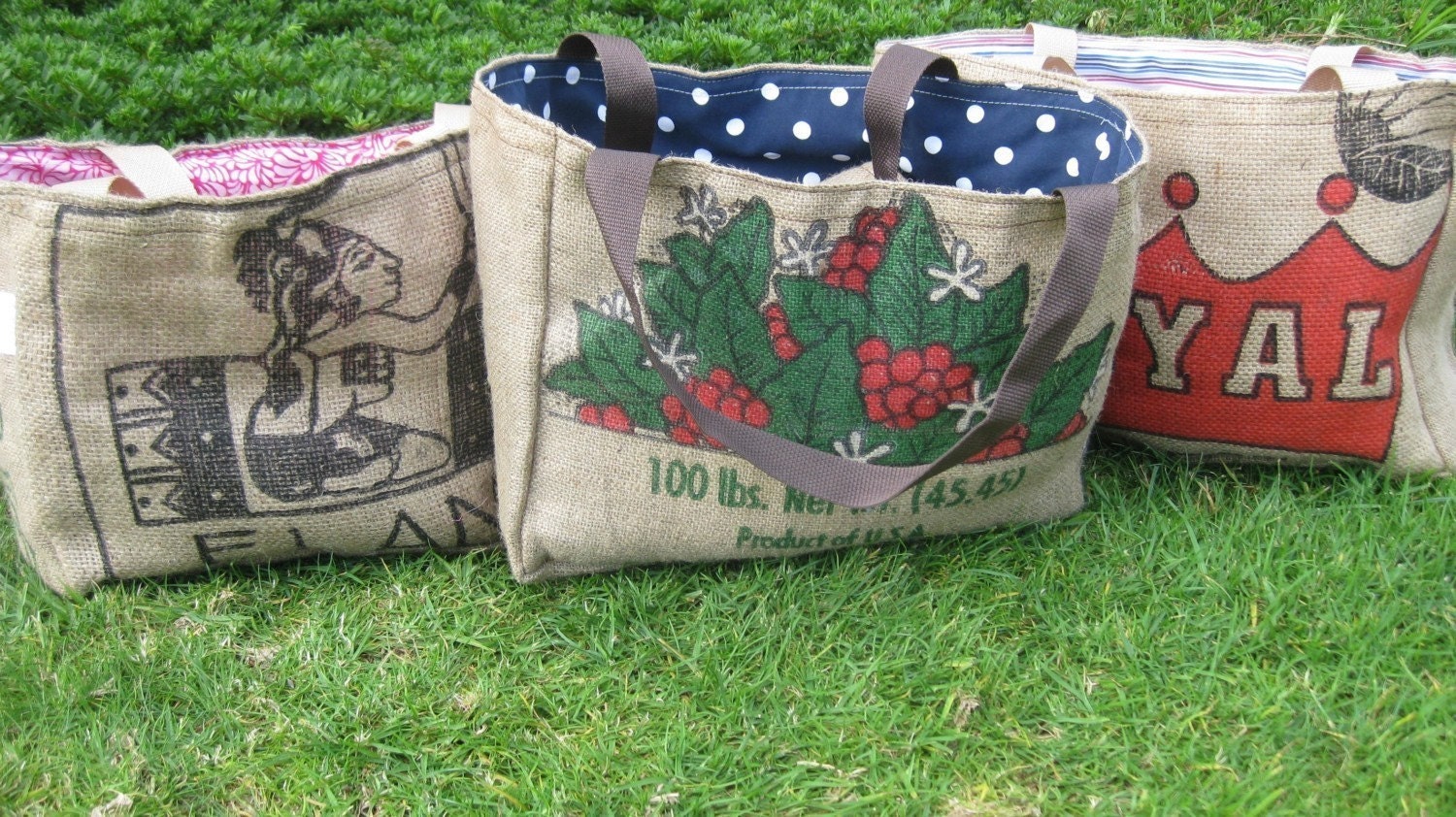 3 Eco-Friendly Semi Custom Tote Bags - Handmade from Recycled Coffee Sacks