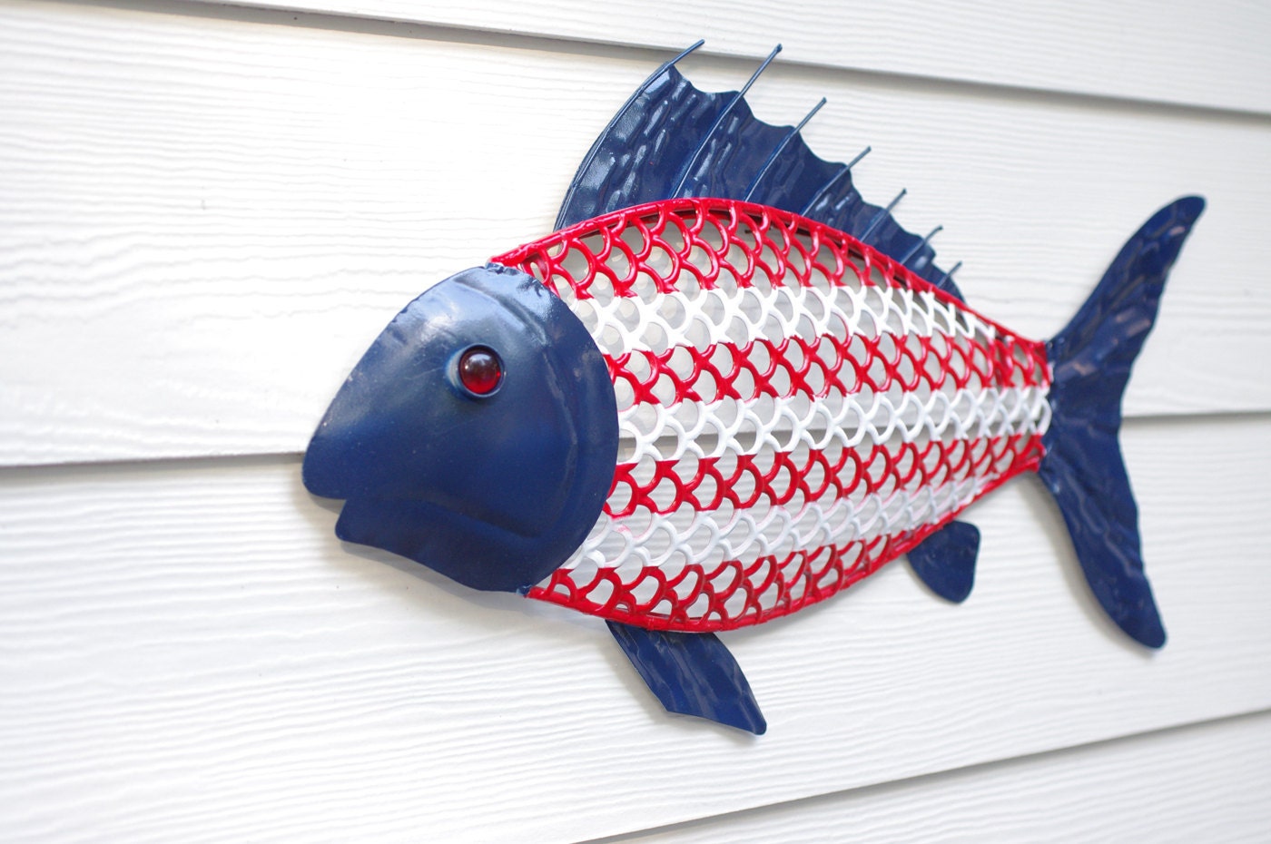 Beach Wall Decor Metal Fish - Red White & Blue