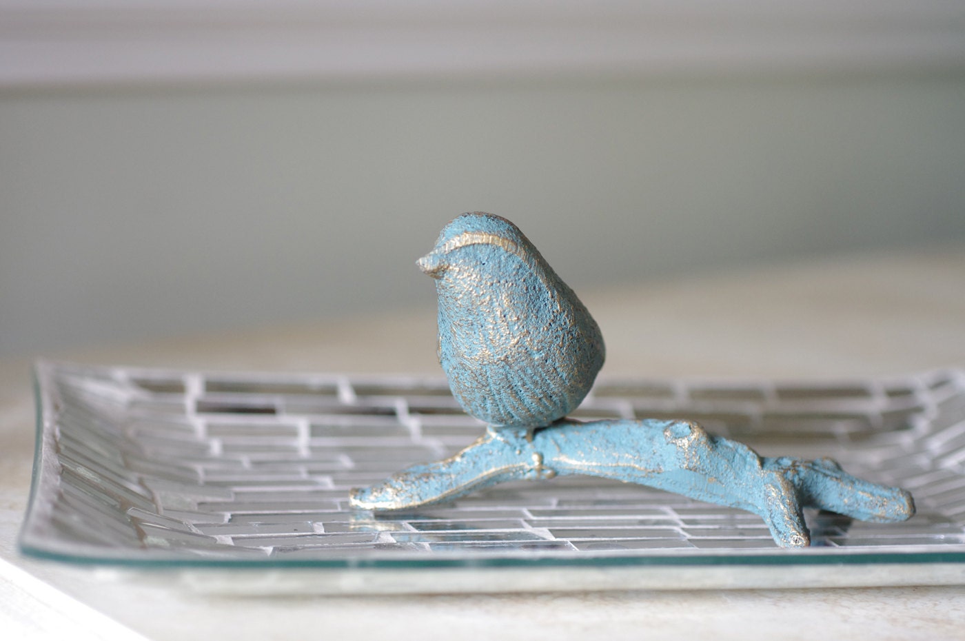 Cast Iron Bird on a Branch - Patina (Blue/Green)