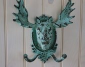 Home Decor Cast Iron Moose Double Wall Hook - Blue Green Patina