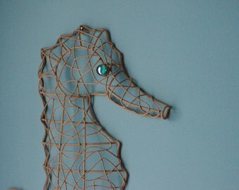 Beach Decor Metal Wire Seahorse - Sandy Textured with Turquoise Eye