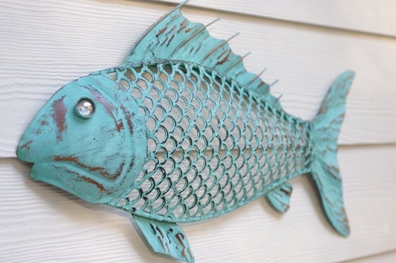 Beach Wall Decor Metal Fish - Blue Green Patina