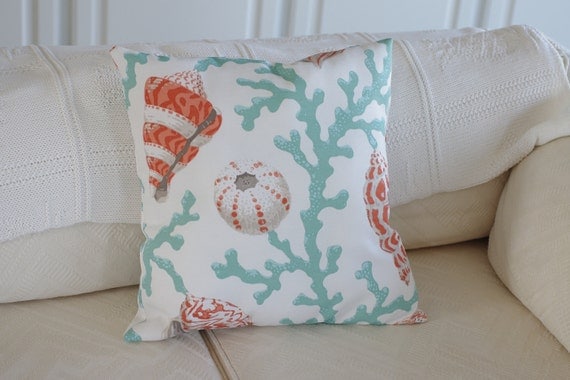 Beach Decor Coral and Seashell Pillow - 18x18 - Sea Foam and Coral