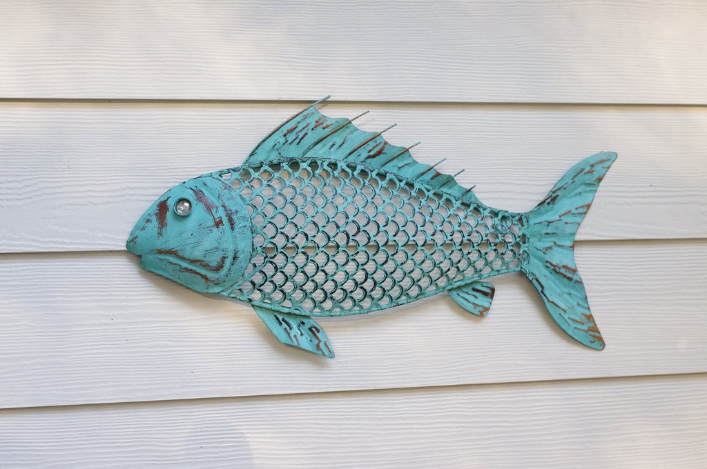 Beach Wall Decor Metal Fish - Blue Green Patina