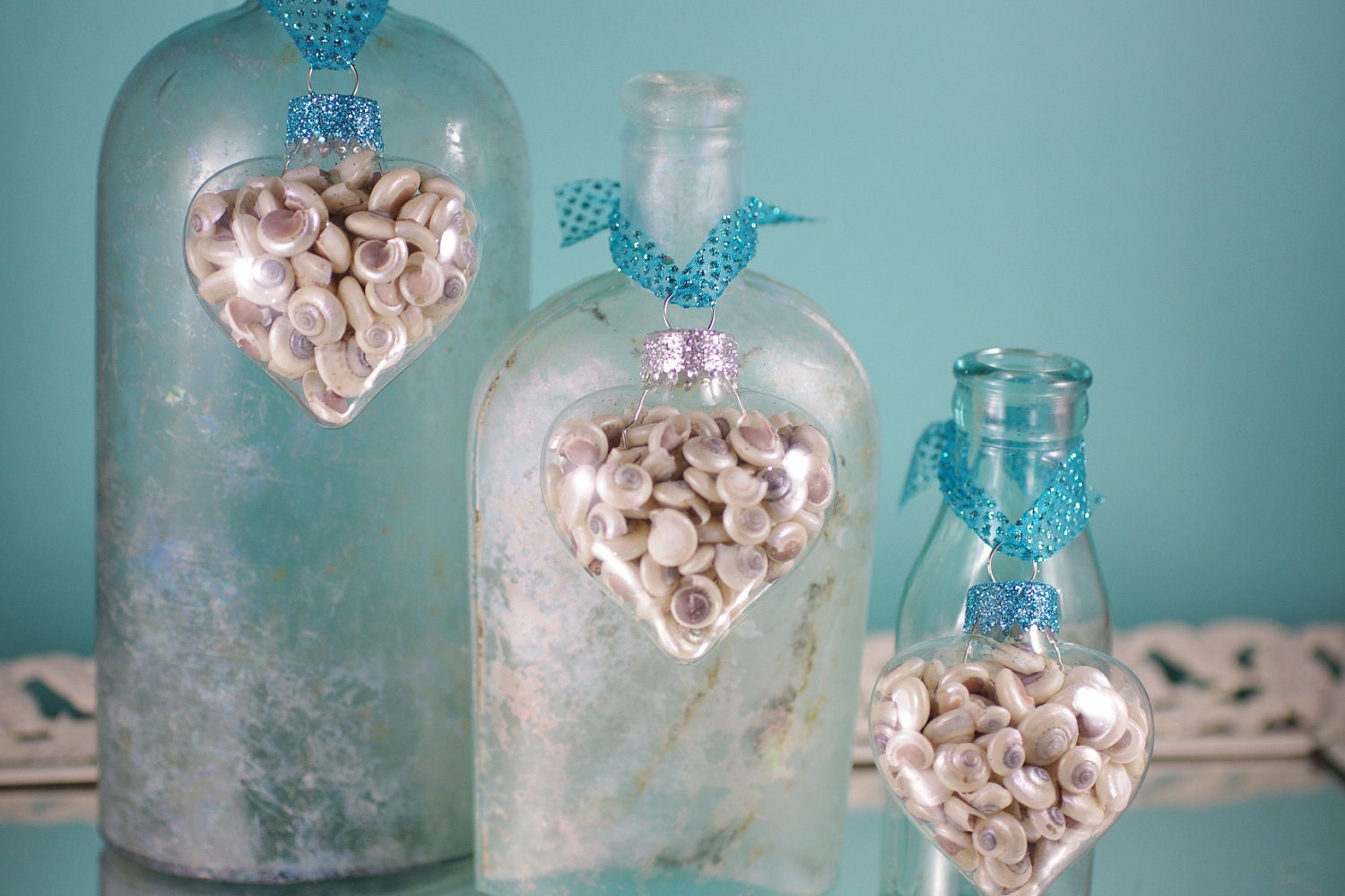Beach Decor Seashell Heart Ornaments - Set of 3 Glass Heart Shape Ornaments