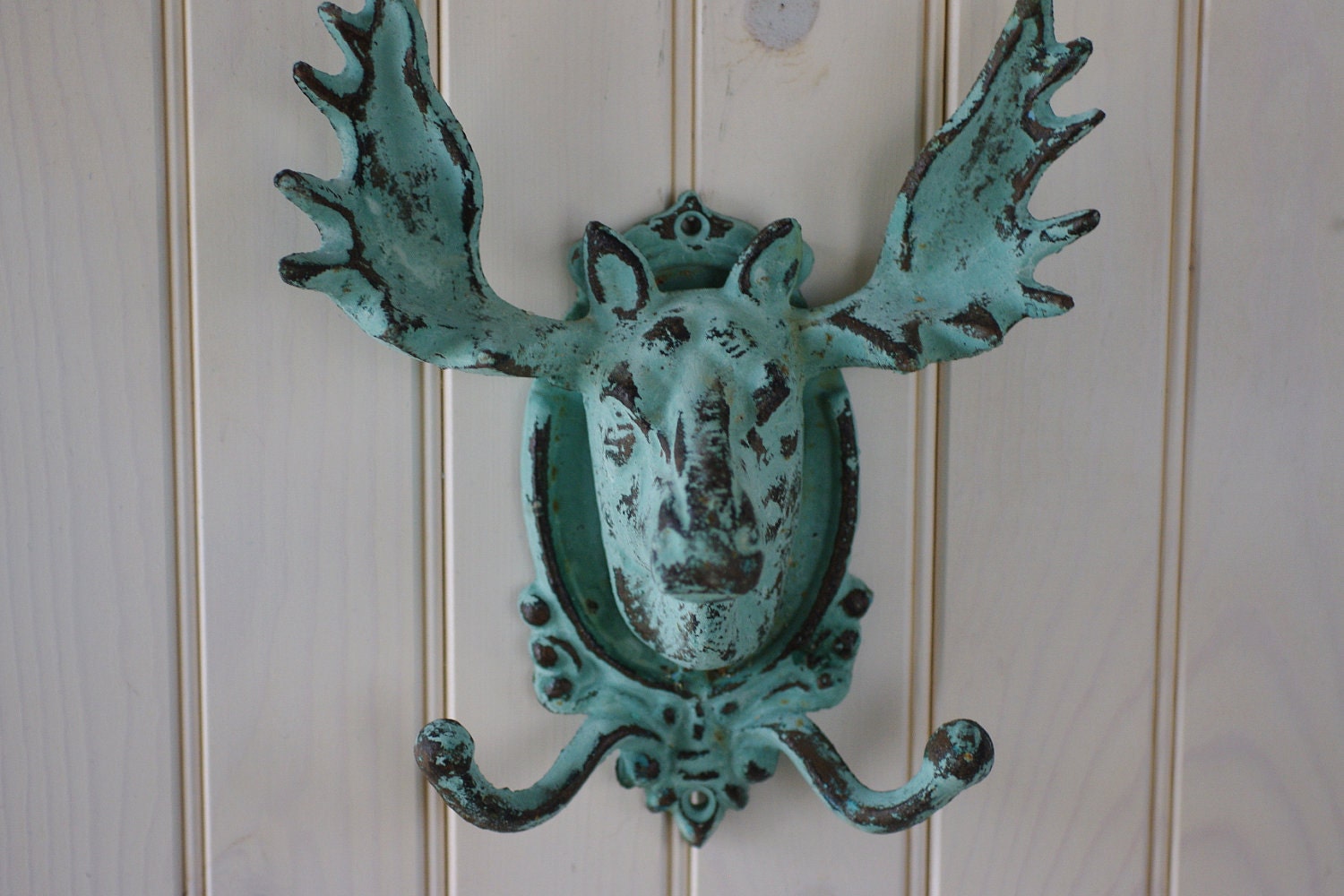 Home Decor Cast Iron Moose Double Wall Hook - Blue Green Patina