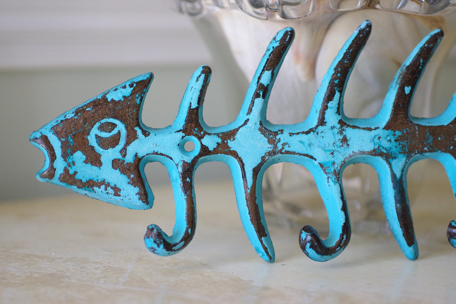 Cast Iron Bone Fish Wall Hook - Blue/Green Patina