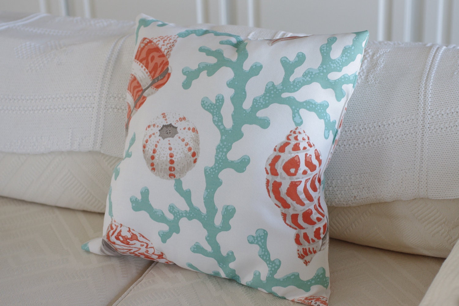 Beach Decor Coral and Seashell Pillow - 18x18 - Sea Foam and Coral