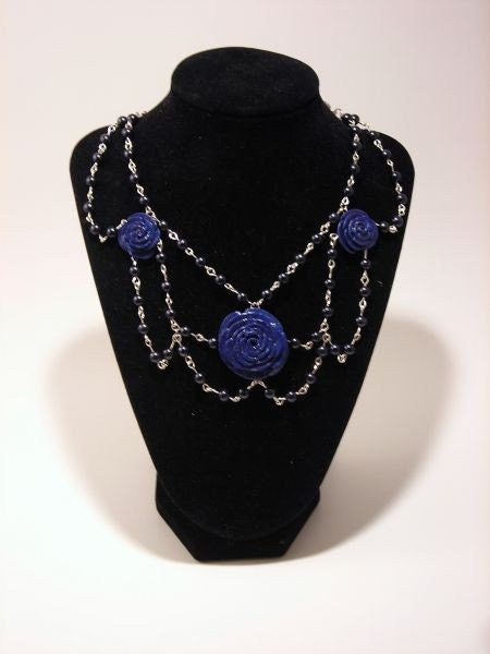 Gothic Navy Rose and Black Pearl Necklace
