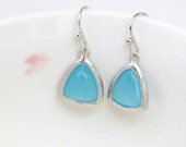 Blue Opal Triangle Faceted Glass Stone Earrings Silver