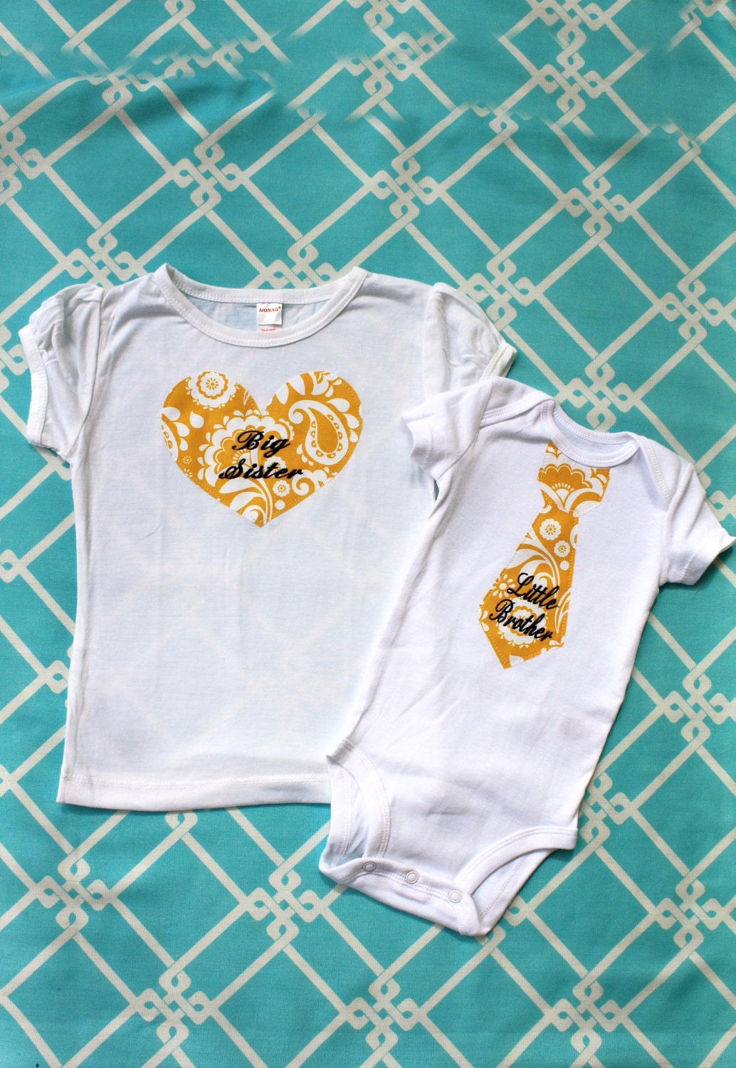 Big Sister and Little Brother SET.  Personalized Onesie and T-Shirt.  Any Tie AND Any Heart.  Sweet Baby Shower, New Mom and Dad Gift