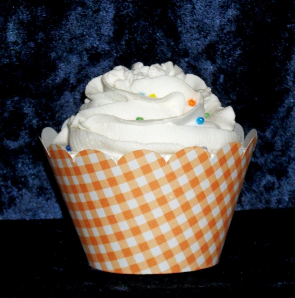 Orange Gingham Cupcake wrappers ...Tangerine Checkered Holder Wrap ...12 count Plaid READY TO SHIP Il_170x135