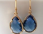 Summer blue Jewelry Dangle earrings Gold framed sapphire glass on Vermeil gold earrings Wedding Spring Fashion gifts