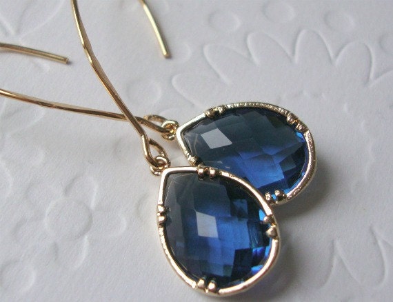 Modern Jewelry Earrings Jewel Tones, Gold framed sapphire glass on long marquise earrings   Fall wedding-Fall Fashion