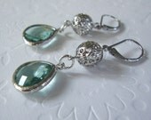Dangle earrings  Drop Sterling silver leverback earrings with Silver framed light blue green glass, Bridesmaid gifts