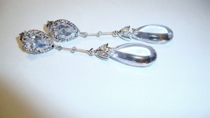 Wedding Jewelry Wedding earrings Diamond fashion Sterling silver long earrings with clear cubic zircon pear drop Bridal fascinator