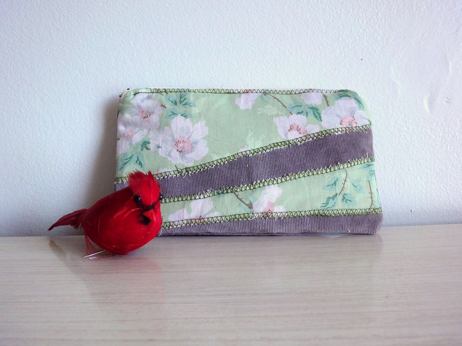 Large Upcycled Wallet, Floral and Gray Corduroy, Eco Friendly Clutch