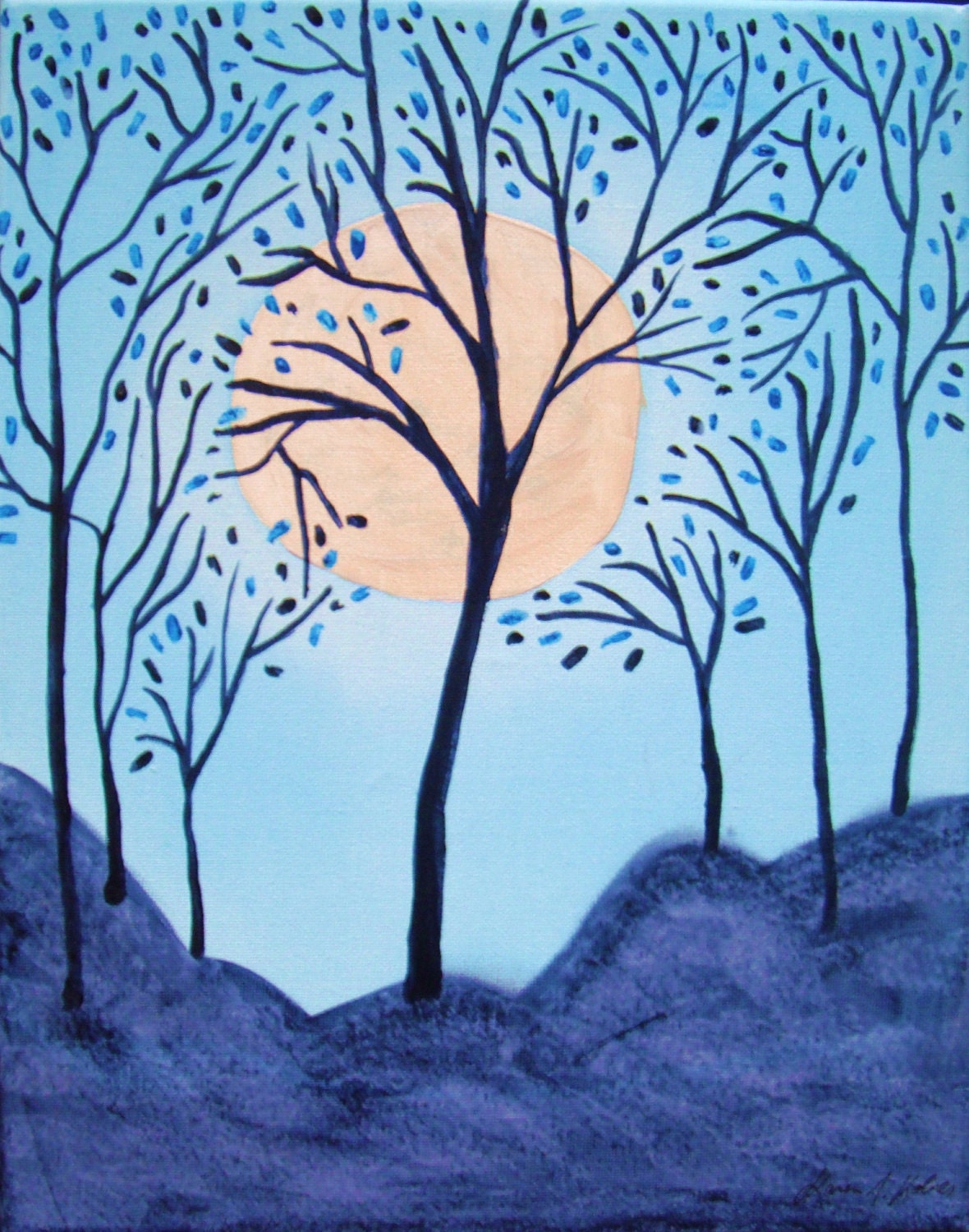Blue Asian Moon Abstract Trees 8 x 10 Giclee Signed Art Print Ring Around the Moon
