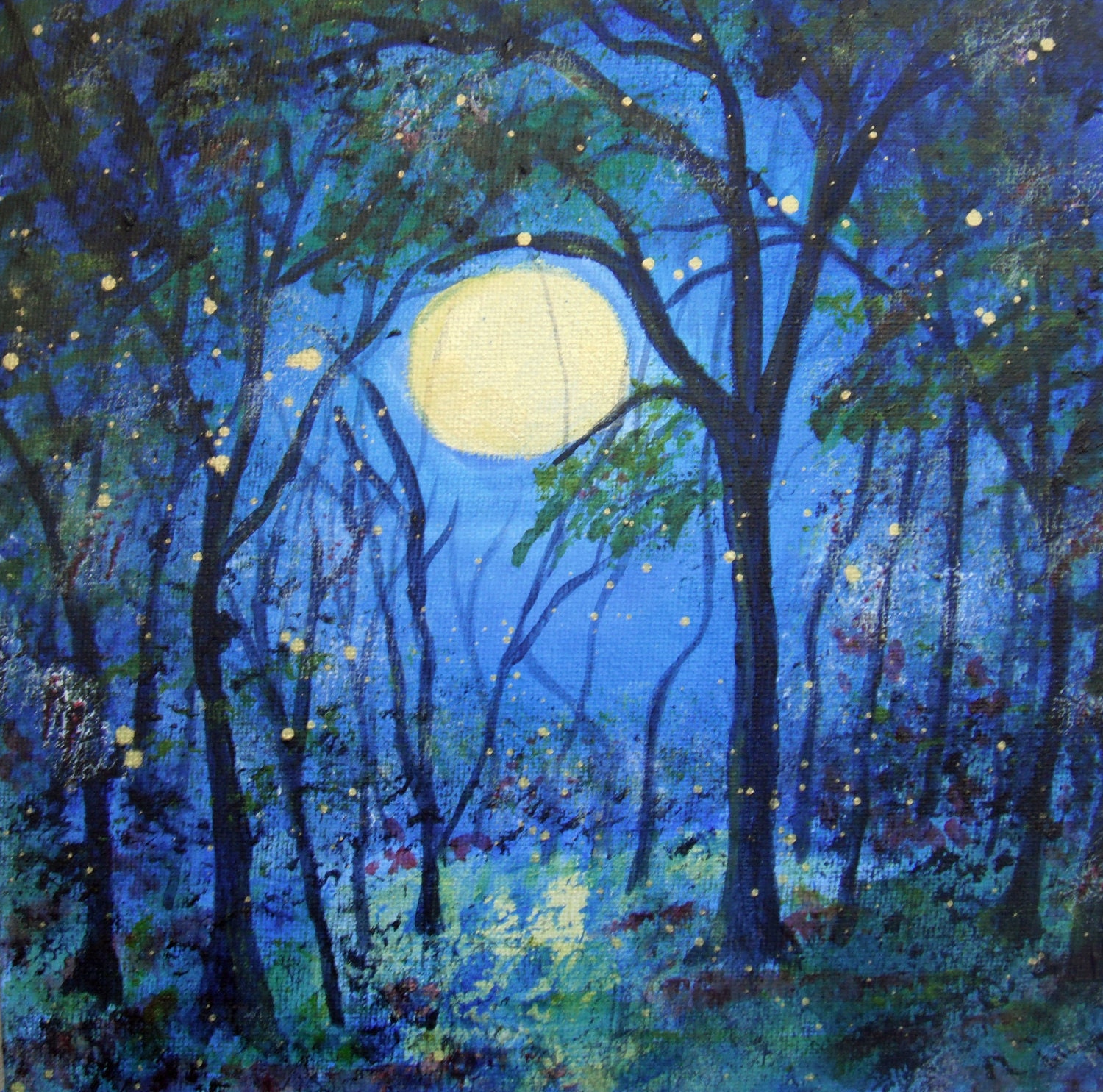GICLEE PRINT 8 x 8 Fireflies in the Moonlight  Abstract Moon Tree Signed Art Print