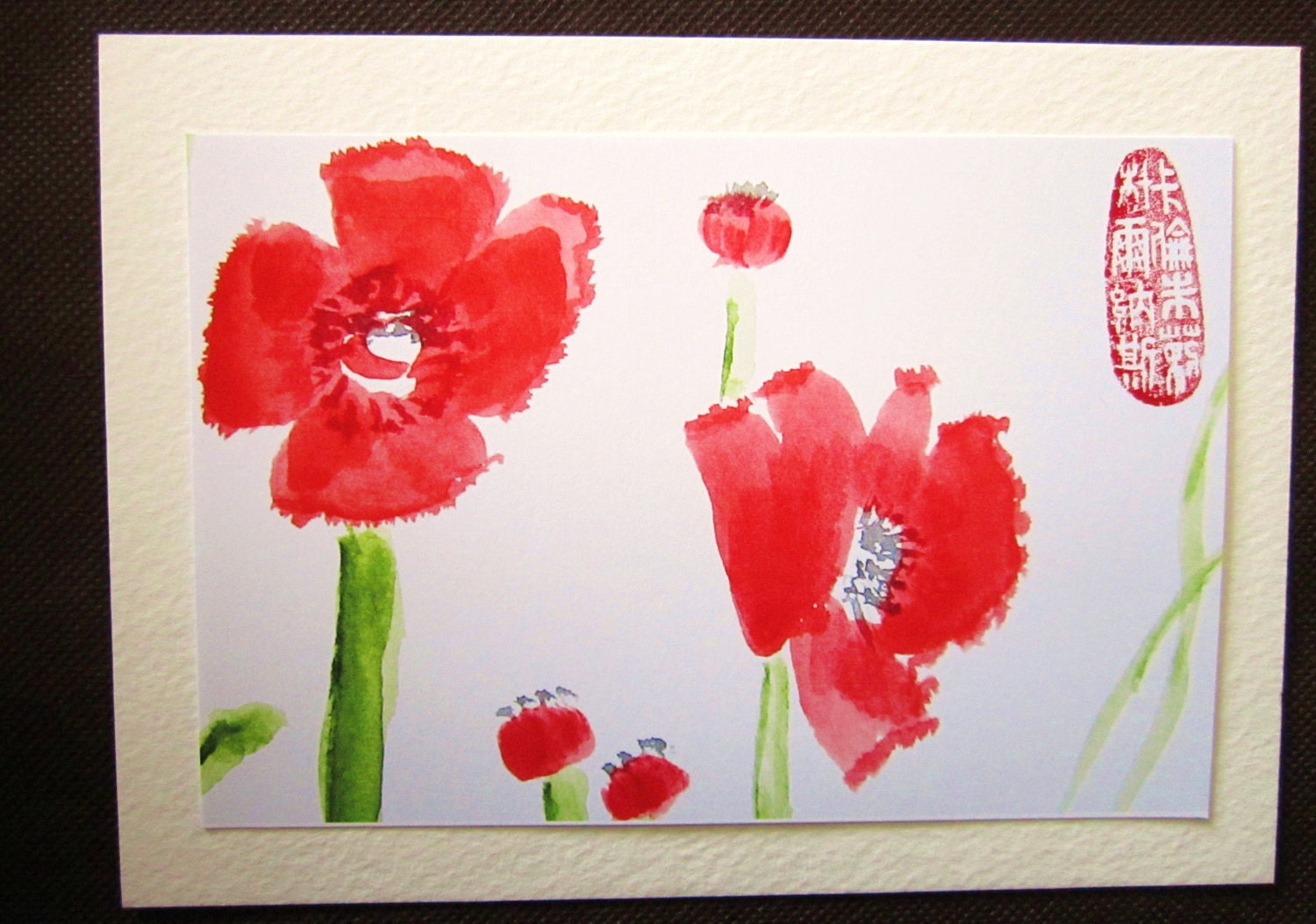GREETING CARD Sumi Asian Red Poppies