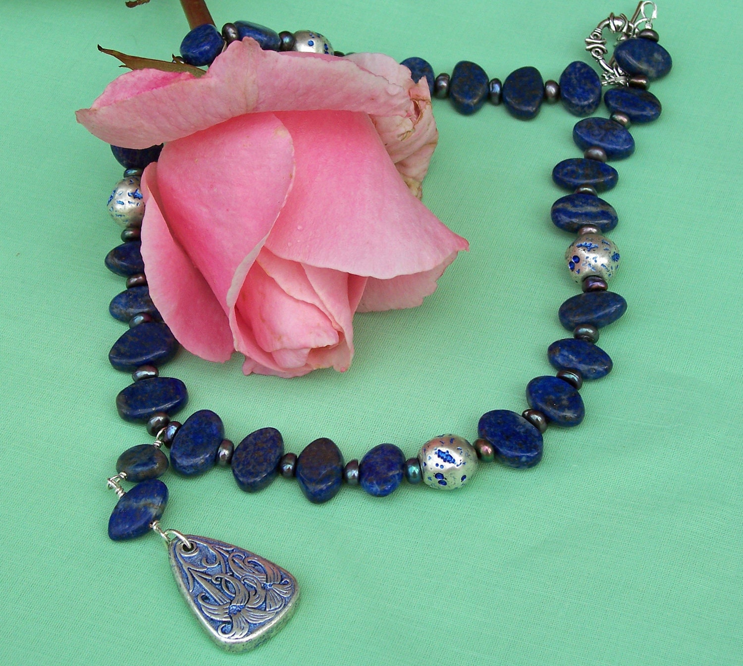 Lapis Lazuli and Freshwater Pearls Necklace with Silvertone Pendant,Gemstone Necklace, Blue Necklace, Handmade Jewelry