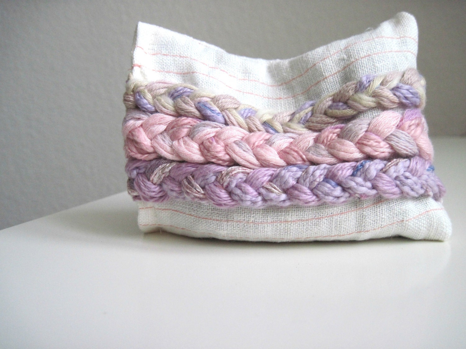 Organic Lavender Pillow Textile Art with Pink Braided Adornment