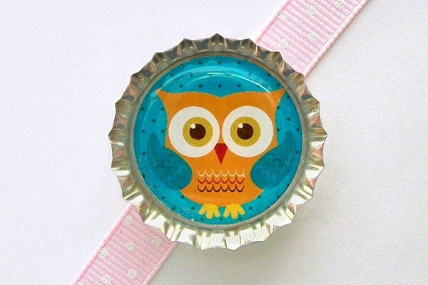 Owl Turquoise & Orange Bottle Cap Magnet - birthday decoration, cute owl decor, owl birthday party, owl party favor, owl magnets, owl favors