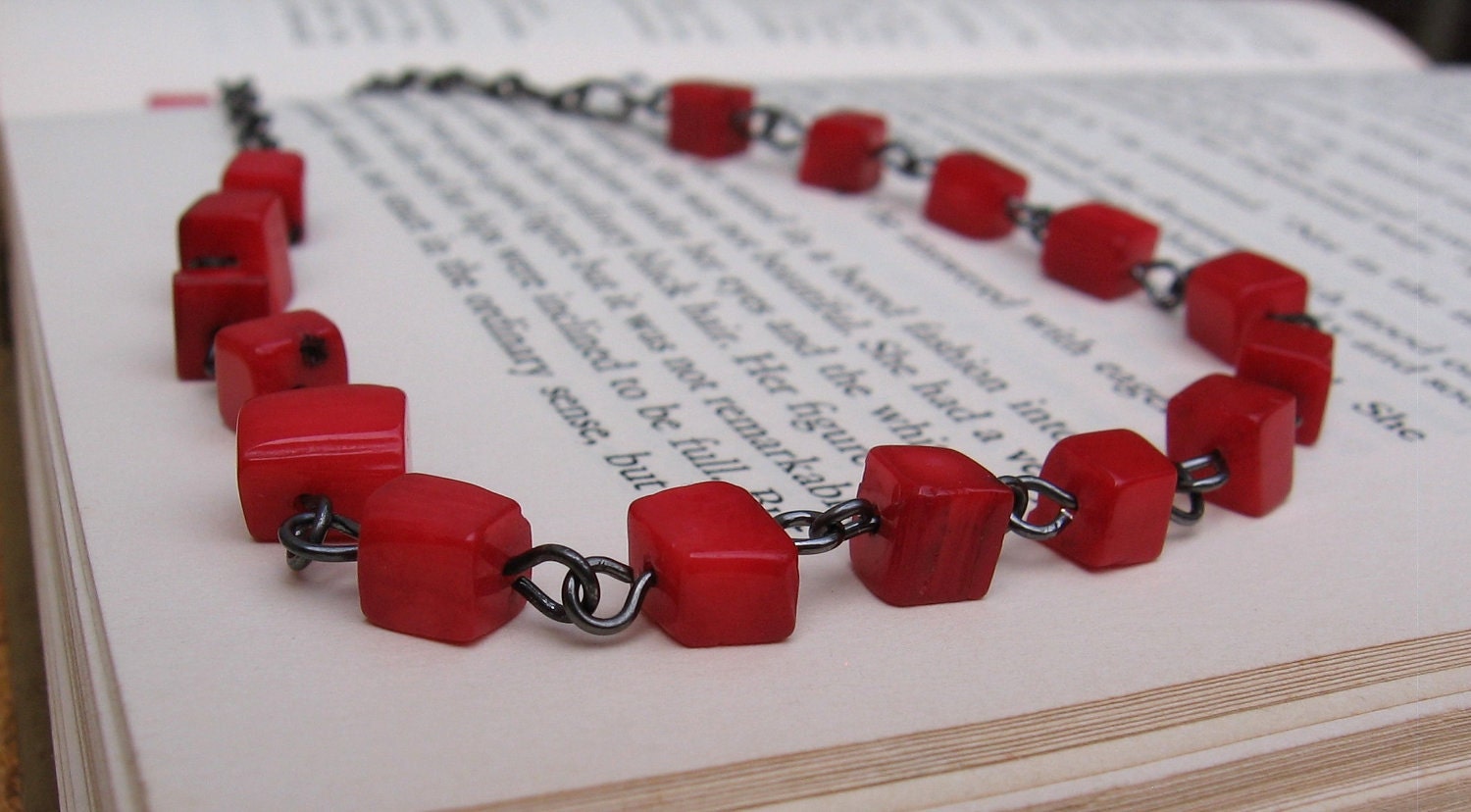 Chakra Collection - First Chakra - Root (Muladhara) - Red Coral Cubes with Gun Metal Chain - NECKLACE