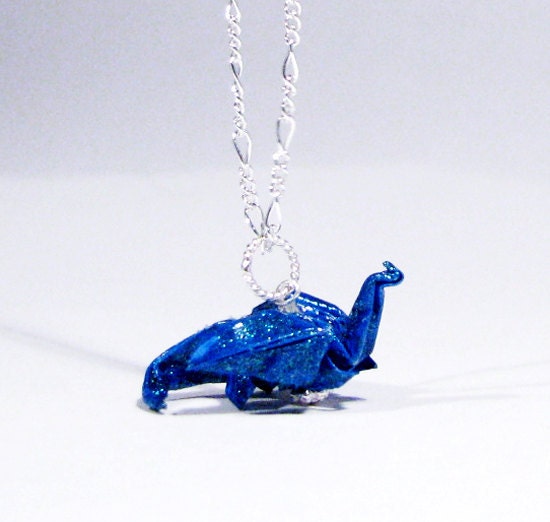 Origami Dragon Necklace - Dark Blue Glittering Dragon on Sterling Silver chain
