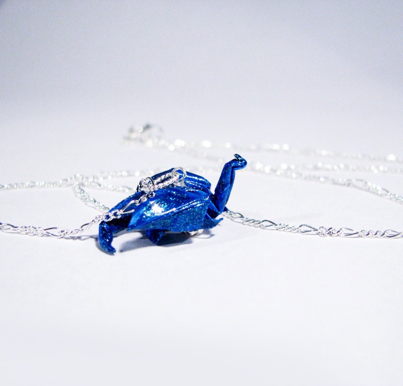 Origami Dragon Necklace - Dark Blue Glittering Dragon on Sterling Silver chain