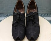 1940's Black Wool and Cotton Peep Toe Heels Size 7 1/2