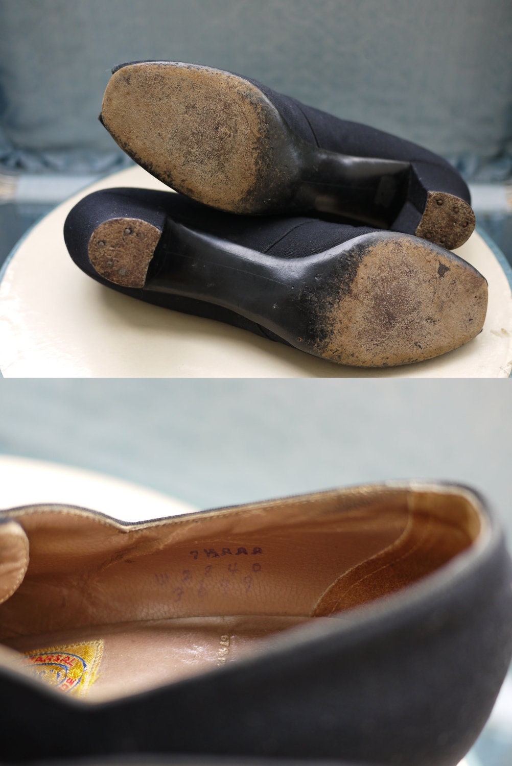 1940's Black Wool and Cotton Peep Toe Heels Size 7 1/2