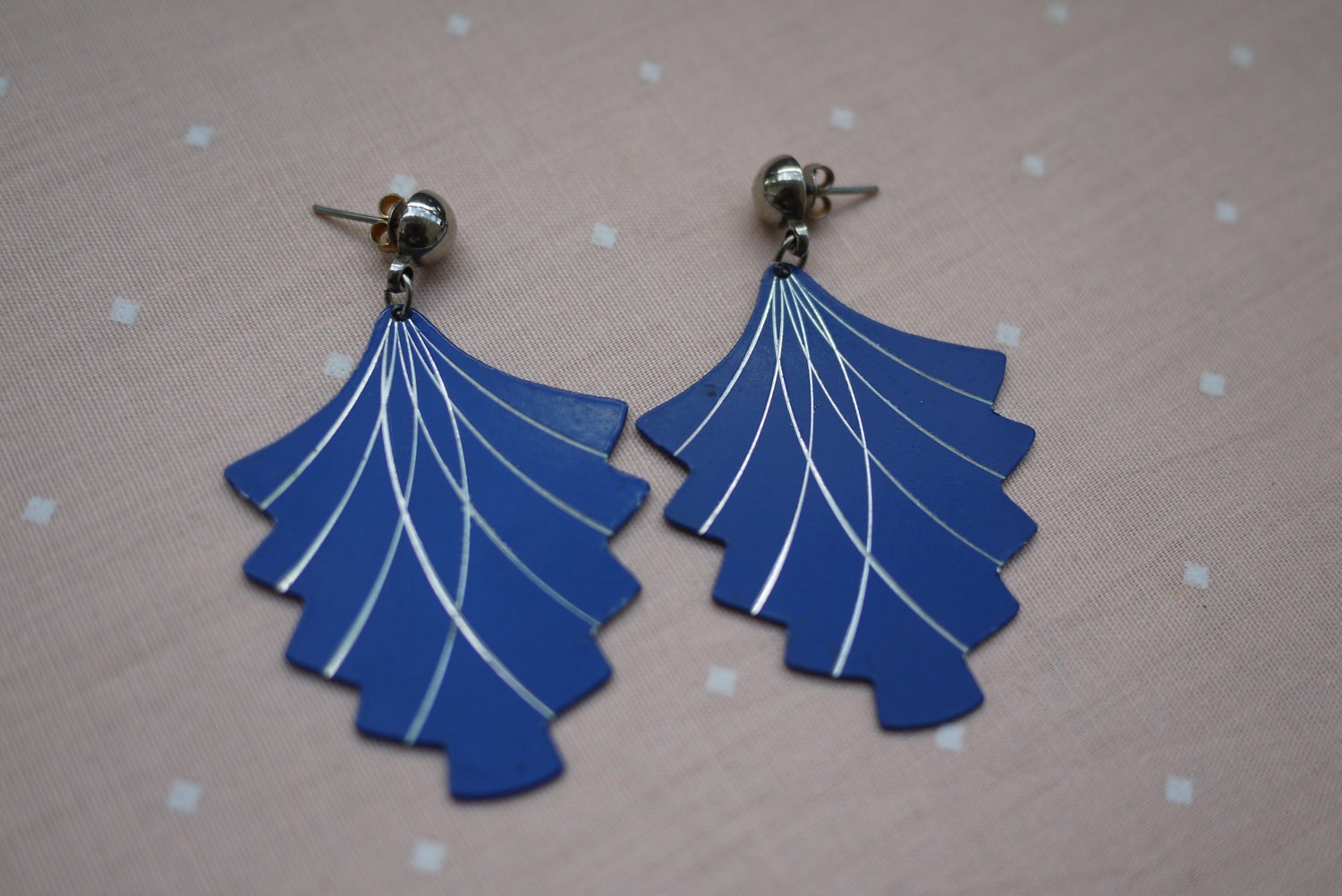 1970's Art Deco Inspired Blue and Silver Metal Earrings