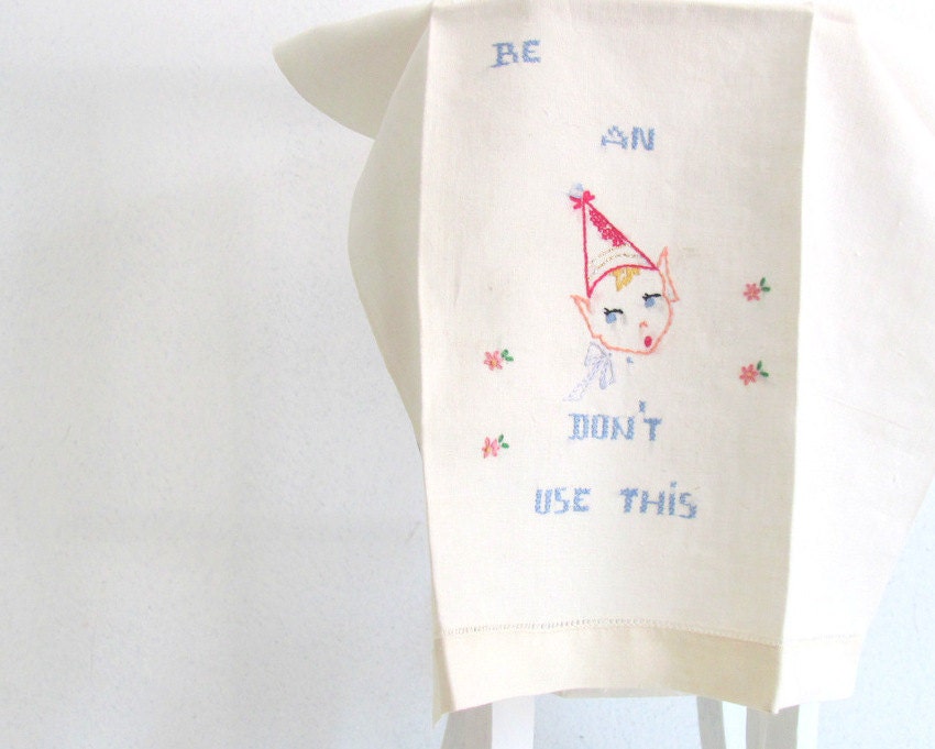 Vintage Linen Tea Towel Embroidered Elf Cutie 1940s Hand Embroidery SALE
