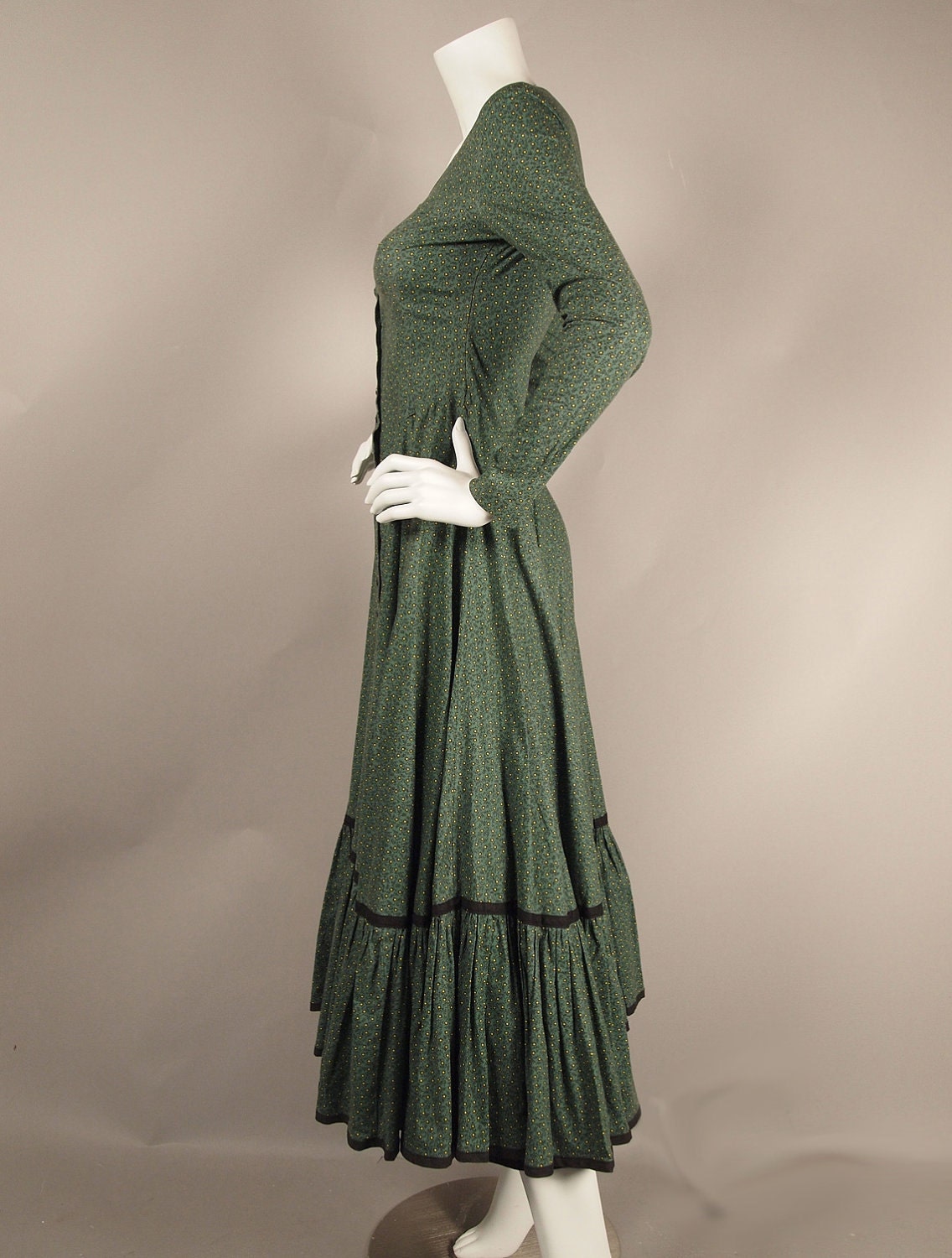 Vintage 70s Alley Cat Betsey Johnson Prairie Dress Green Floral Velvet Trim XS S