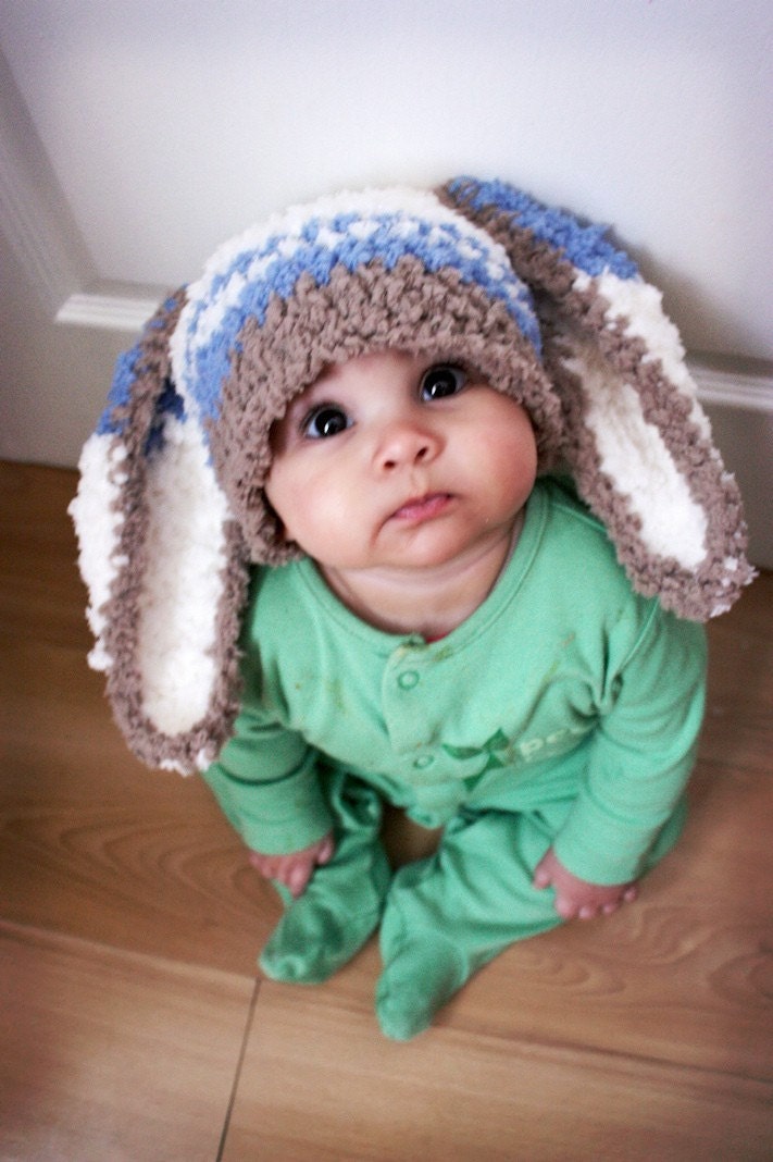 SALE 6 to 12m Baby Hat Photo Prop Blue Stripe Bunny Hat Baby Beanie - Crochet Boy Baby Hat Bunny Beanie Toddler Boy Photo Prop