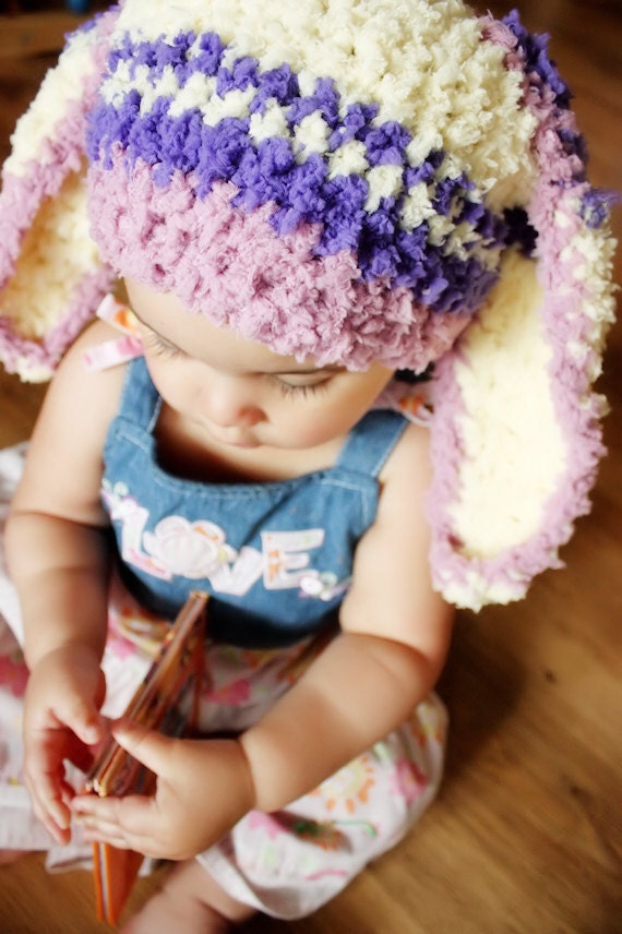 SALE 0 to 3m Newborn Girl Baby Hat Stripe Baby Bunny Hat Yellow Plum Purple Baby Shower Gift Bunny Ears Handmade Hat Girl Photo Prop