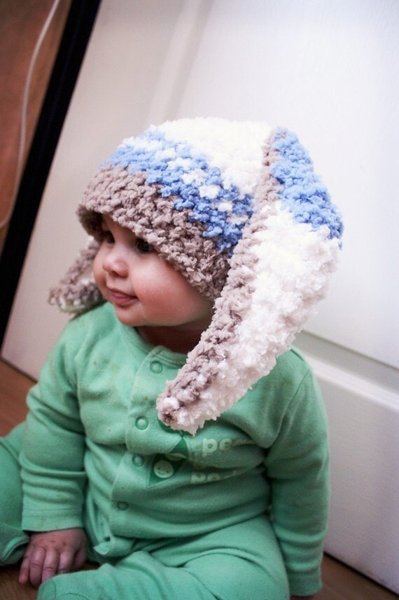 SALE 2T to 4T Toddler Boy Hat Bunny Hat Stripe Childs Beanie - Crochet Stripe Boy Hat Brown Lagoon Blue Cream Bunny Ears Photo Prop