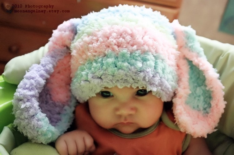 SALE 6 to 12m Baby Bunny Hat Baby Beanie - Crochet Bunny Baby Hat in Rainbow Spray Flopsy Rabbit Hat For Girls Photo Prop