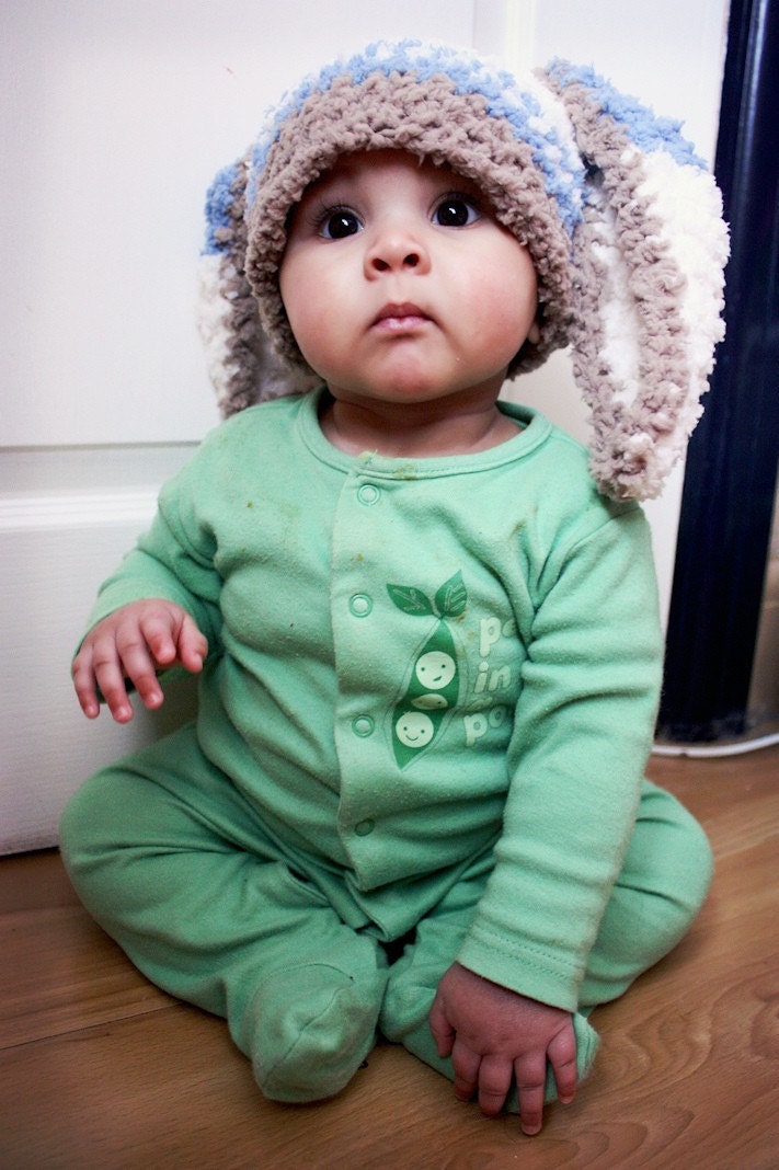 SALE 12 to 24m Baby Hat Bunny Hat Baby Boy Hat Stripe Beanie - Crochet Boy Toddler Hat Brown Blue Cream Rabbit Baby Hat Photo Prop