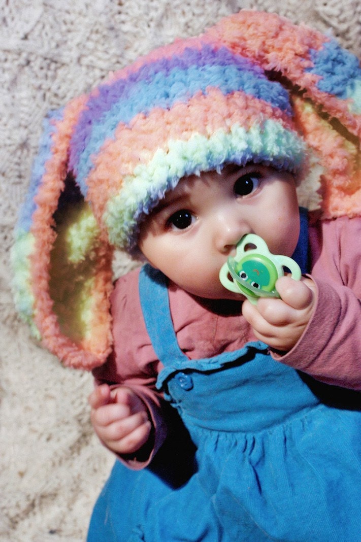 SALE 6 to 12m Baby Bunny Hat Baby Beanie - Crochet Bunny Baby Hat in Rainbow Spray Flopsy Rabbit Hat For Girls Photo Prop