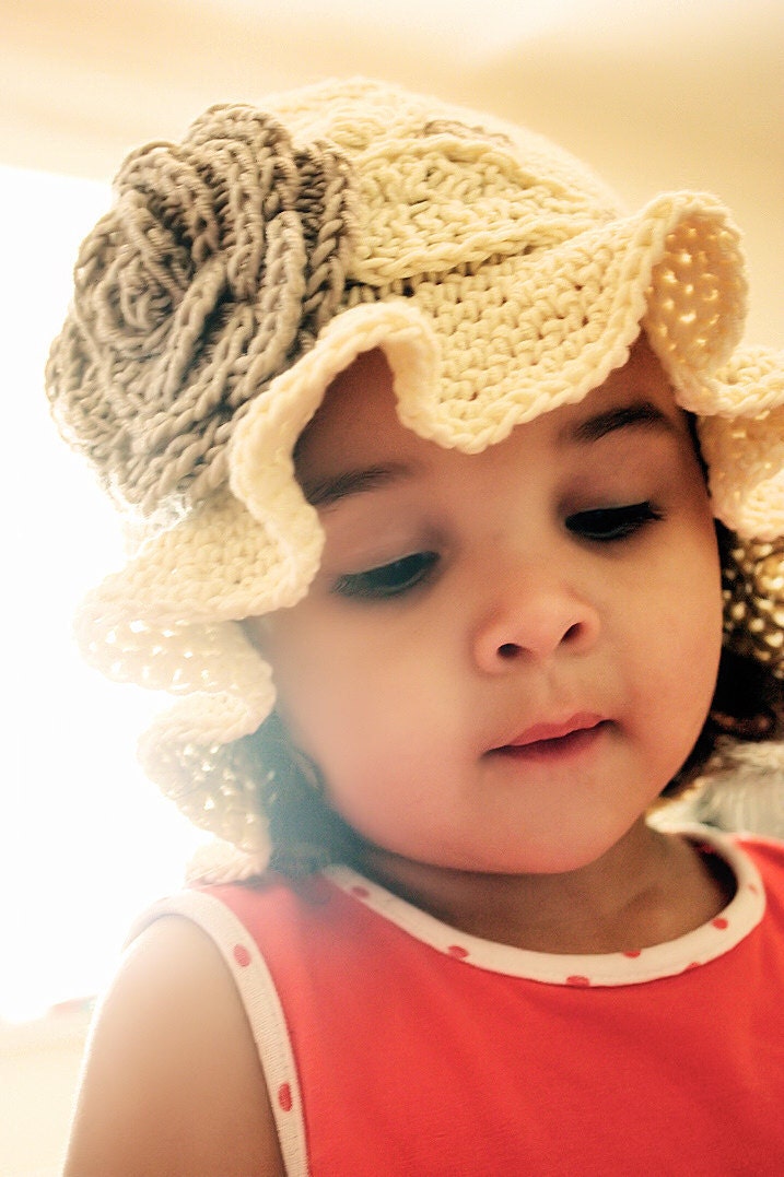 SALE 3 to 6m Summer Sun Hat Baby Flower Hat - Cream Crochet Cloche Hat Rose Flower Leaf Baby Hat Brim Flapper Hat Infant Girl Hat