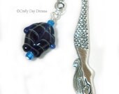 Blue Fish Chasing the Mermaid Silver Shepard's Hook Style Bookmark
