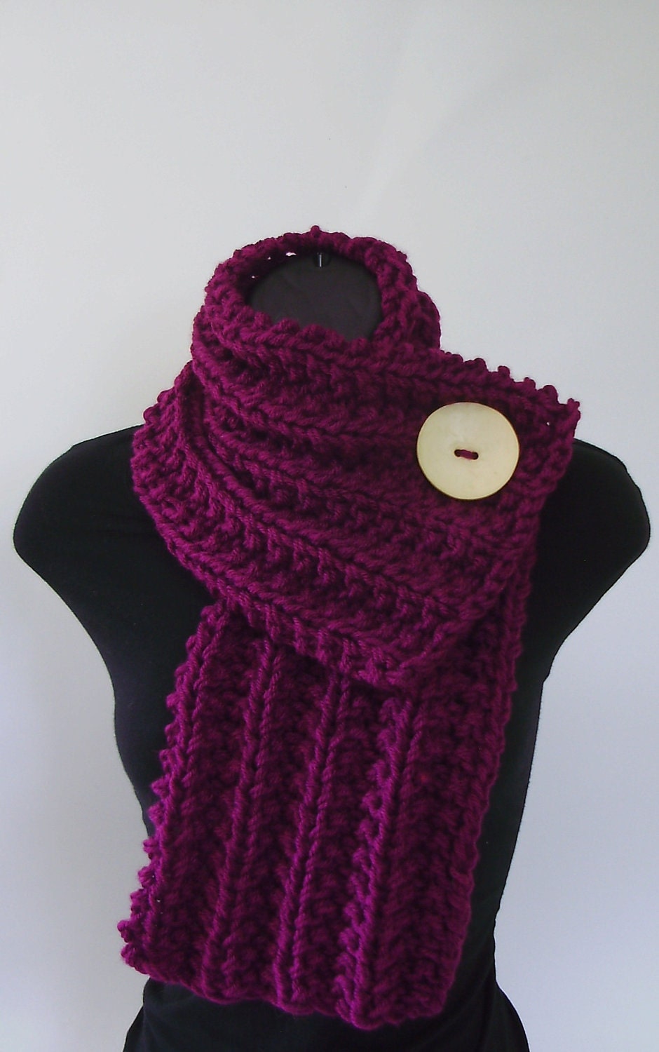 Wild Berry Purple Chunky Knit Cowl with Large White Button