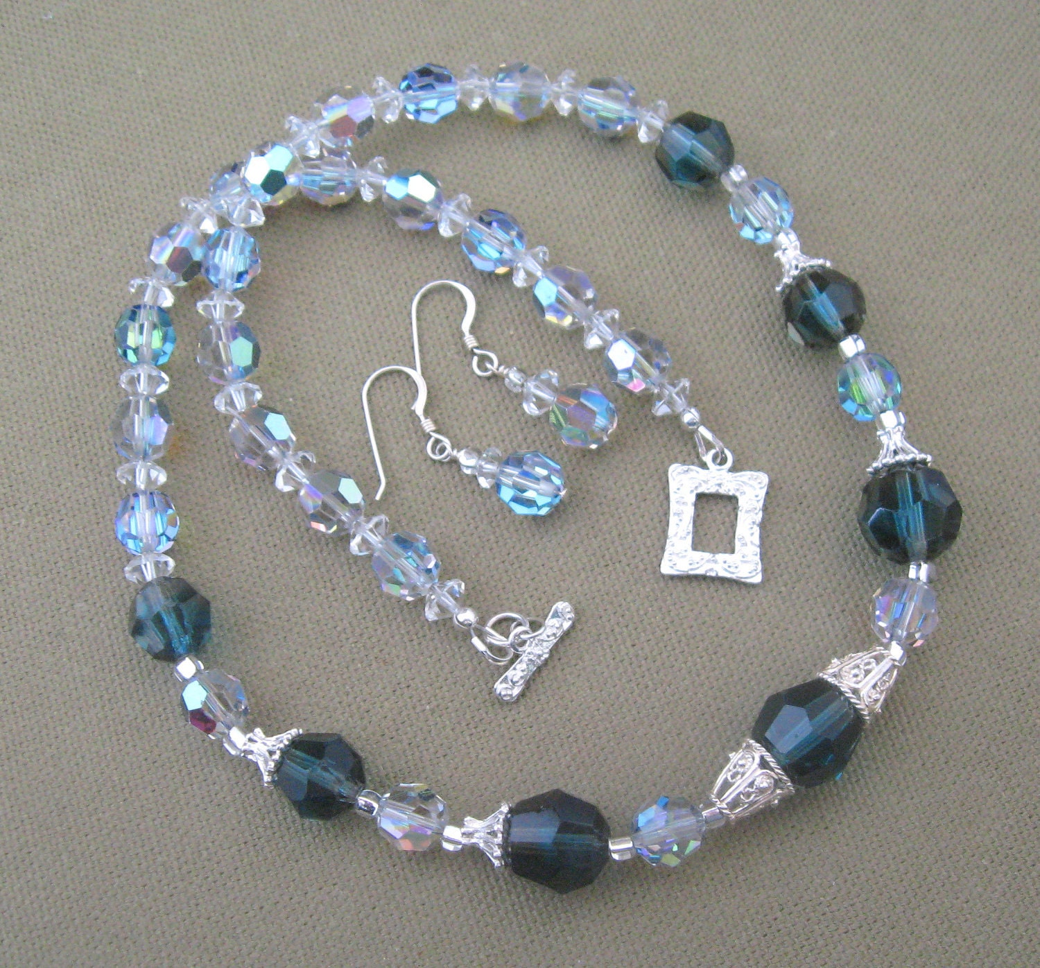 Blue Crystal Beaded and Sterling Strand Necklace Earrings Set