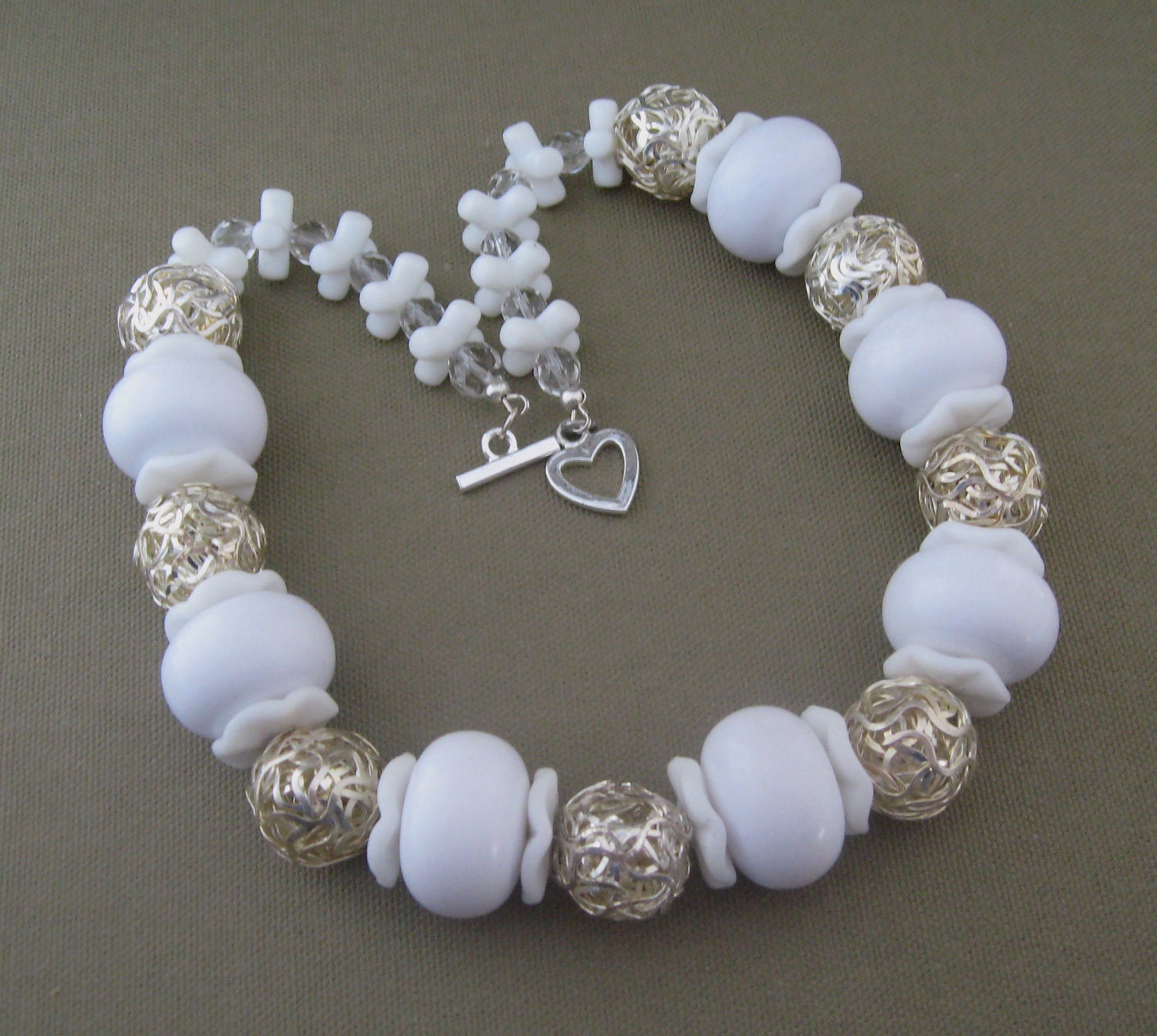 Chunky White and Silver Strand Beaded Statement Necklace