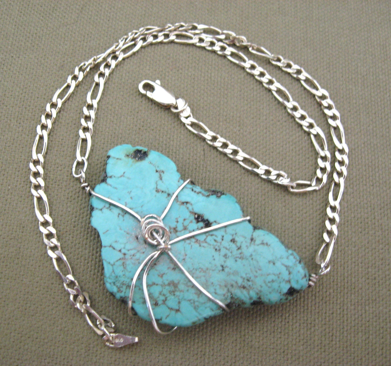 Turquoise Blue Stone Sterling Wire Wrapped Necklace